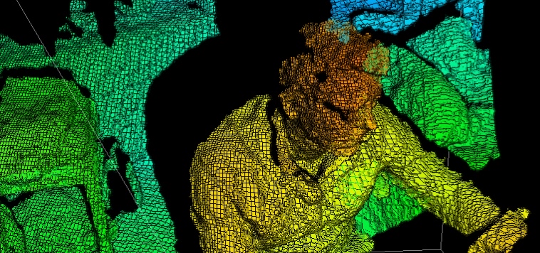 A person rendered as a dense triangle mesh of thousands of small quads, shaded green through yellow to brown by distance from the sensor, against a black background.